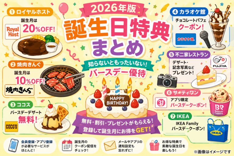 【2026年版】誕生日特典7選！無料デザート・20％OFFなどバースデー優待まとめ