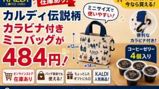 【在庫あり】カルディ伝説柄カラビナ付きミニバッグが484円！コーヒーゼリー4個入り・数量限定