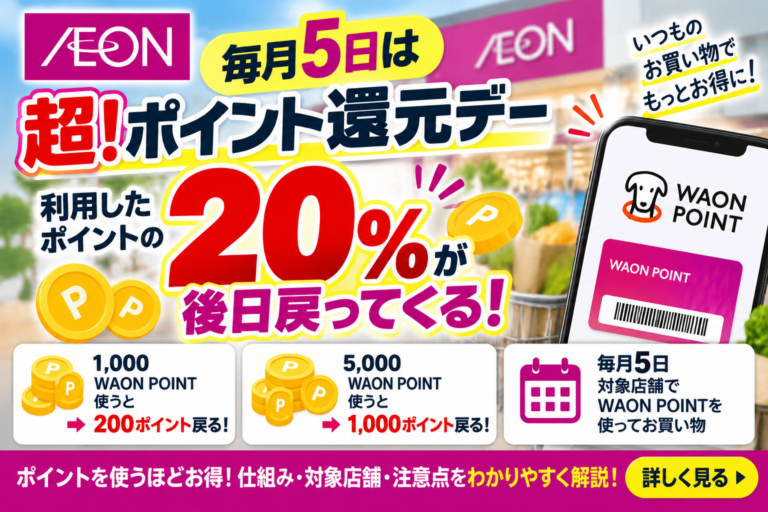 【毎月5日】イオン超!ポイント還元デーはWAON POINT20%還元|対象ポイント・上限・対象外を徹底解説