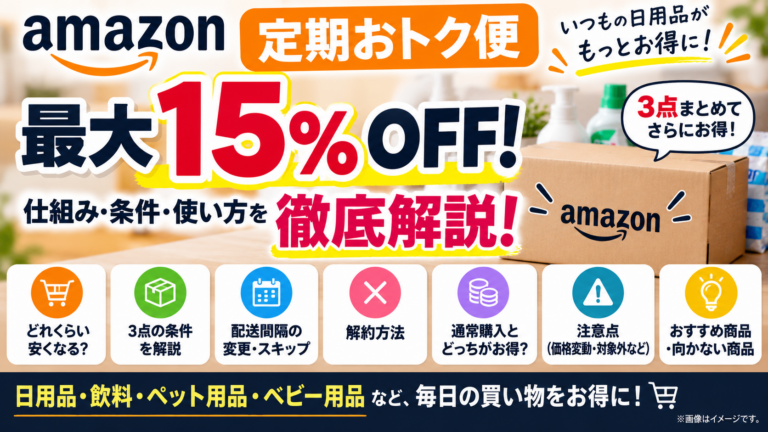 Amazon定期おトク便は最大15％OFF！3点まとめる条件・スキップ・解約・価格変動まで徹底解説【2026年9月】