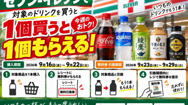 セブン‐イレブンで対象ドリンクを買うと無料券｜今週の1個買うと1個もらえるキャンペーン