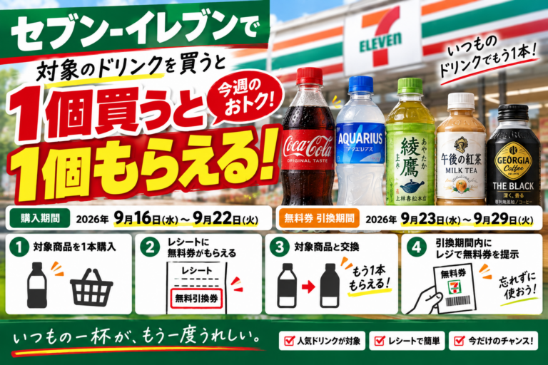 セブン‐イレブンで対象ドリンクを買うと無料券｜今週の1個買うと1個もらえるキャンペーン