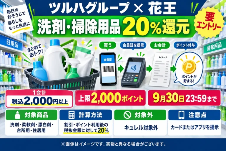 ツルハ×花王で洗剤・掃除用品20%還元|2,000円以上・上限2,000ポイントの条件